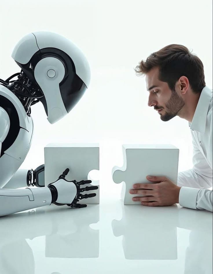 A person and a robot fitting two halves of the same puzzle piece together