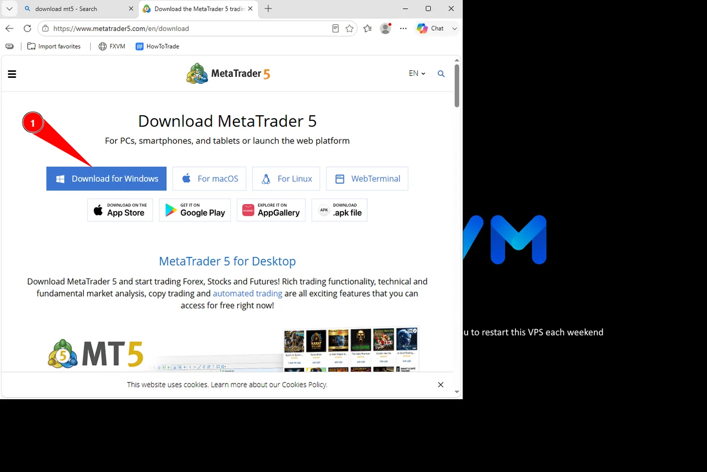 The MetaTrader 5 download page with Download for Windows marked