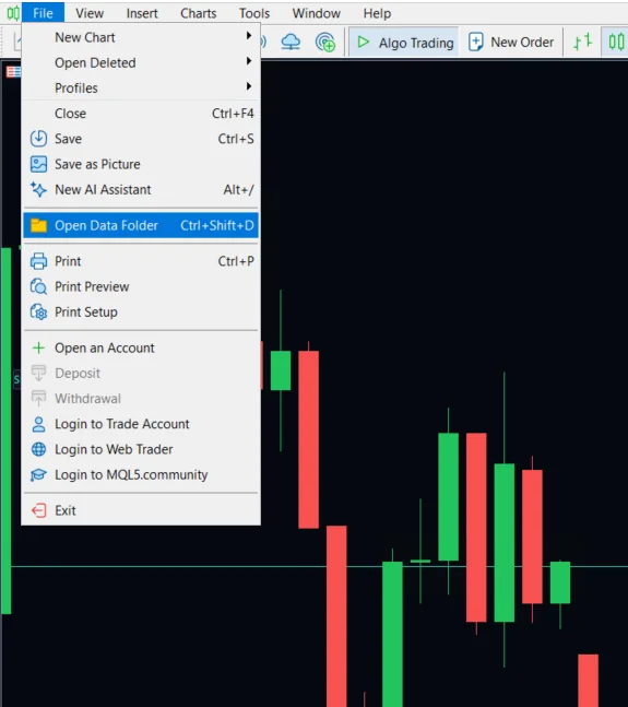 The MetaTrader File menu with Open Data Folder highlighted